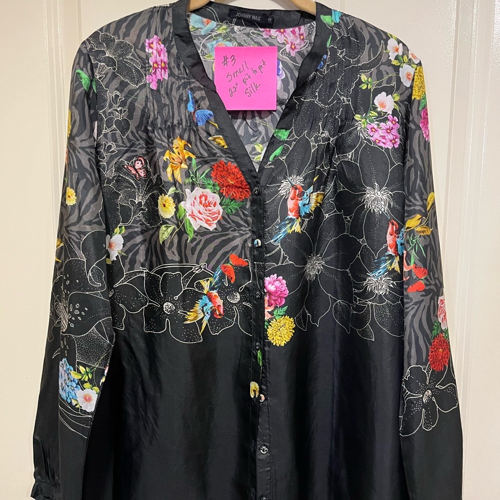 Johnny Was 100% Silk blouse, black with floral print